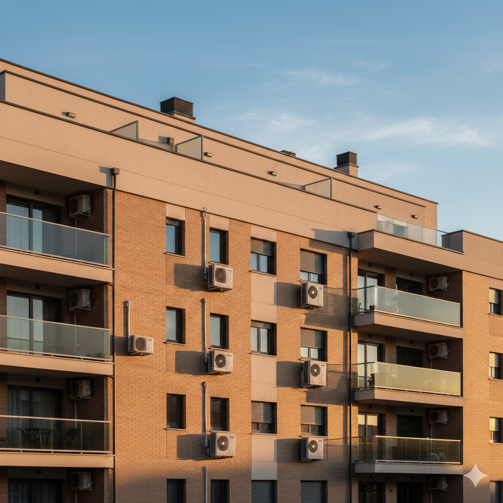 Fachada de edificio residencial en Valladolid con instalación profesional de aire acondicionado gestionada por Quinfrio.