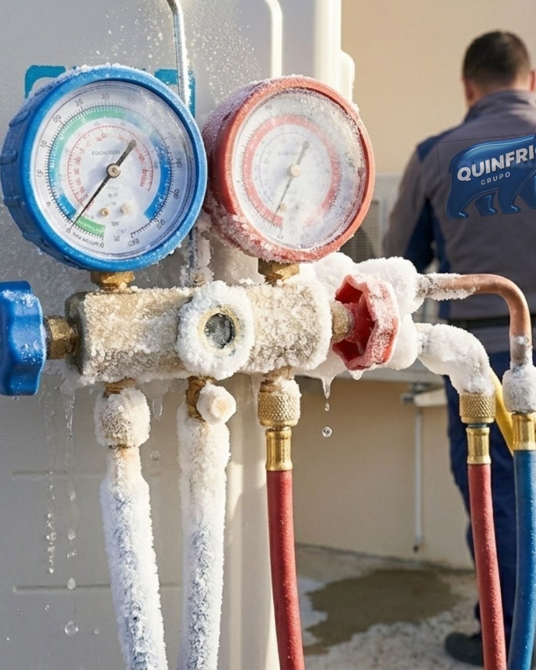 Unidad de aire acondicionado con acumulación visible de escarcha en las tuberías y el serpentín, indicando posible congelamiento del sistema.