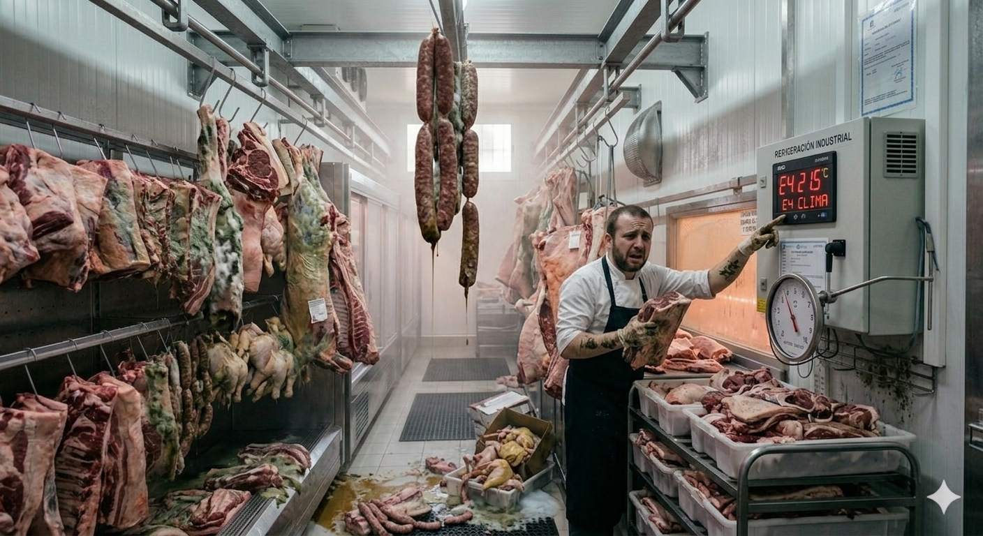 Carnicero preocupado ante carne estropeada por fallo térmico en cámara frigorífica, con termómetro marcando temperatura crítica