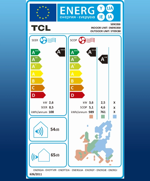 Aire acondicionado TCL FreshIN 3.0 S09C8S0 para climatización eficiente. EEI, etiqueta ECO.