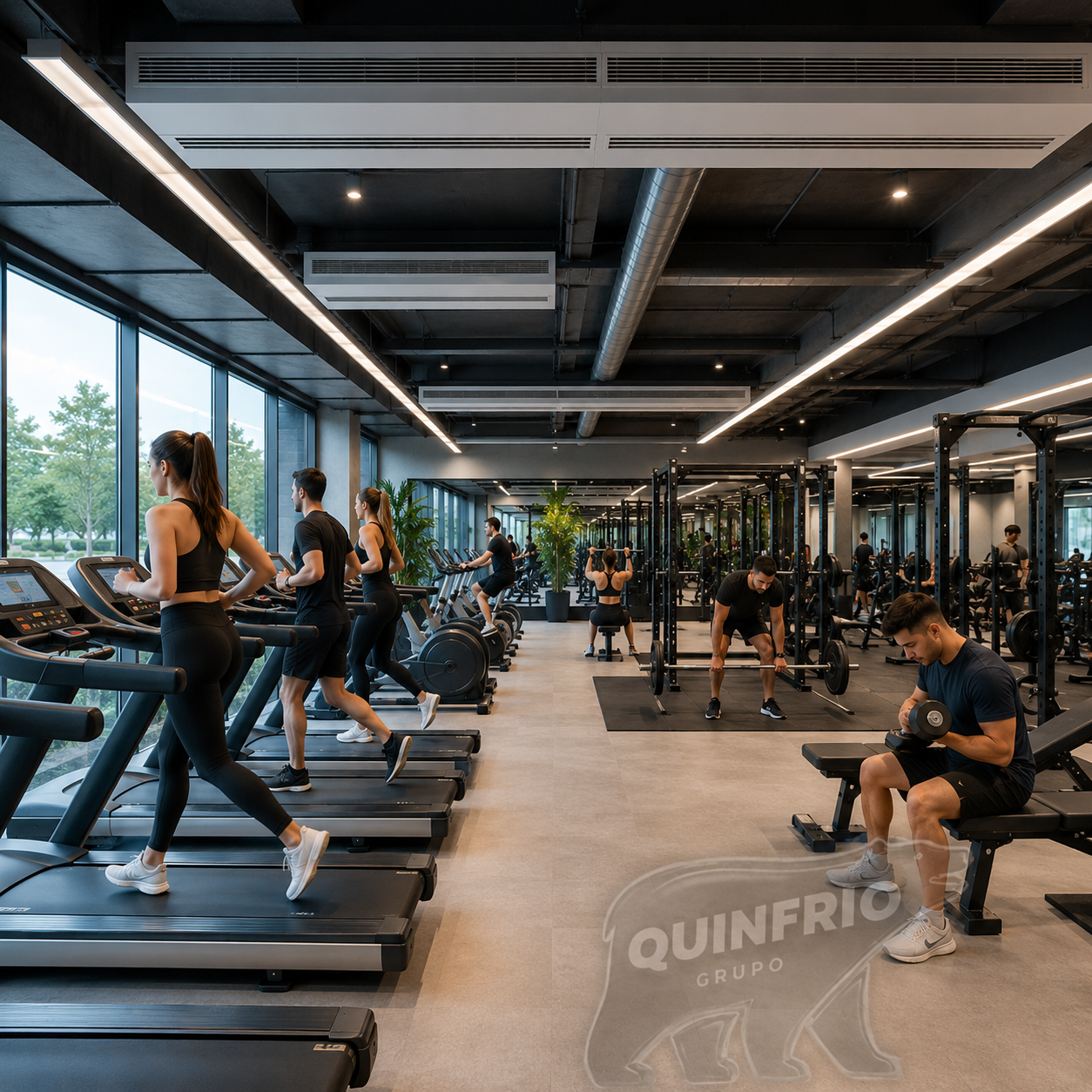 Gimnasio moderno equipado con sistema de climatización eficiente mediante conductos instalado por Grupo Quinfrio en Valladolid para garantizar confort térmico y ahorro energético.