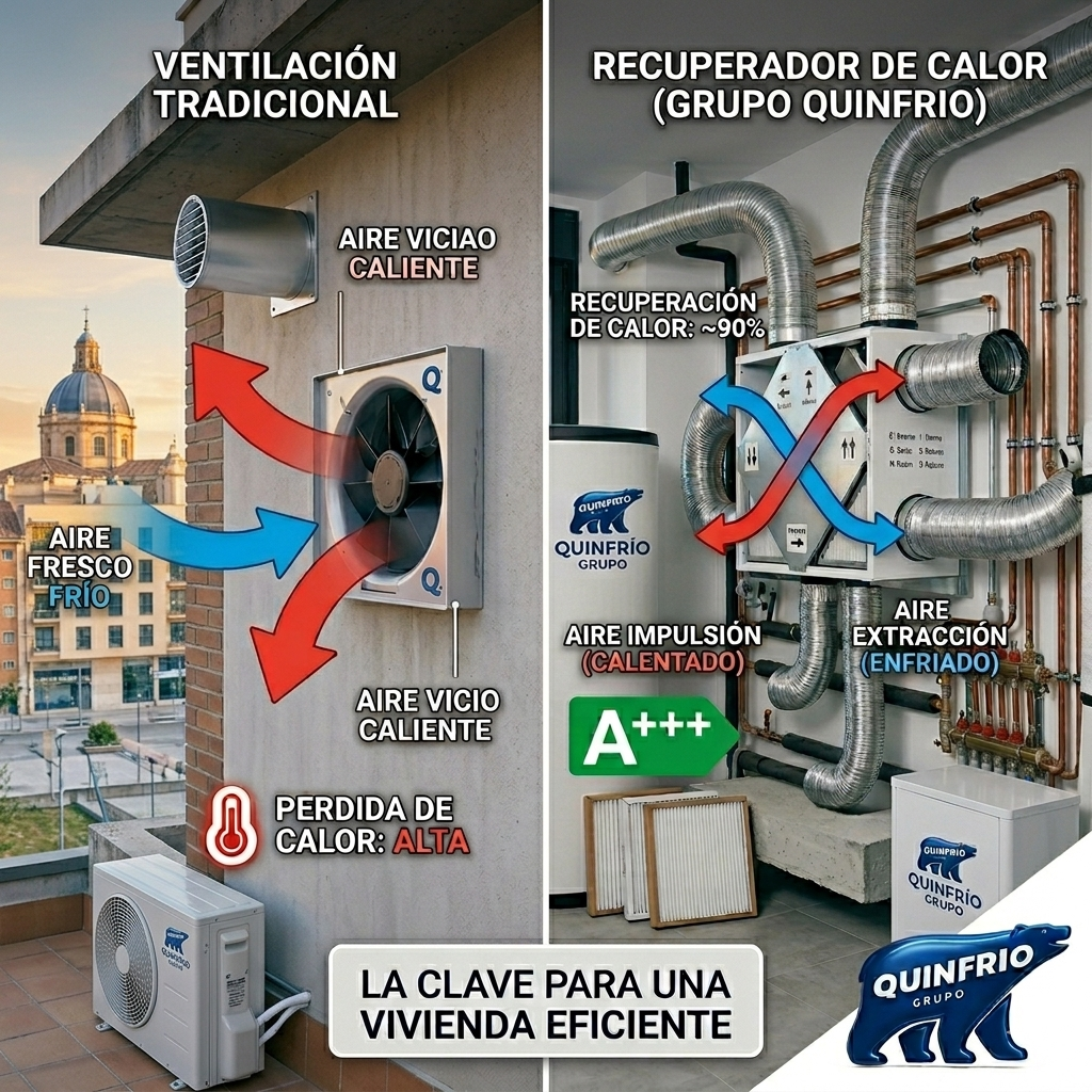 Infografía comparativa de Grupo Quinfrio en Valladolid que muestra la diferencia entre la ventilación tradicional con alta pérdida de calor y un sistema con recuperador de calor eficiente A+++ con un 90% de recuperación