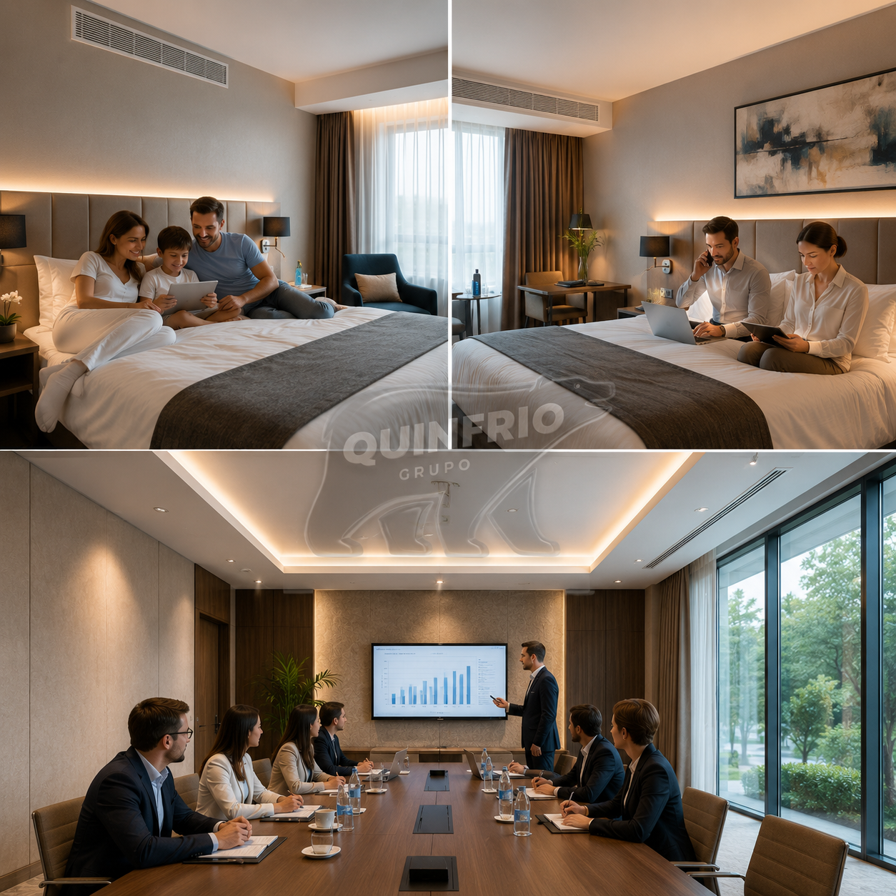 Habitaciones de hotel y sala de reuniones climatizadas mediante sistema VRF de alta eficiencia energética instalado por Grupo Quinfrio en Valladolid.