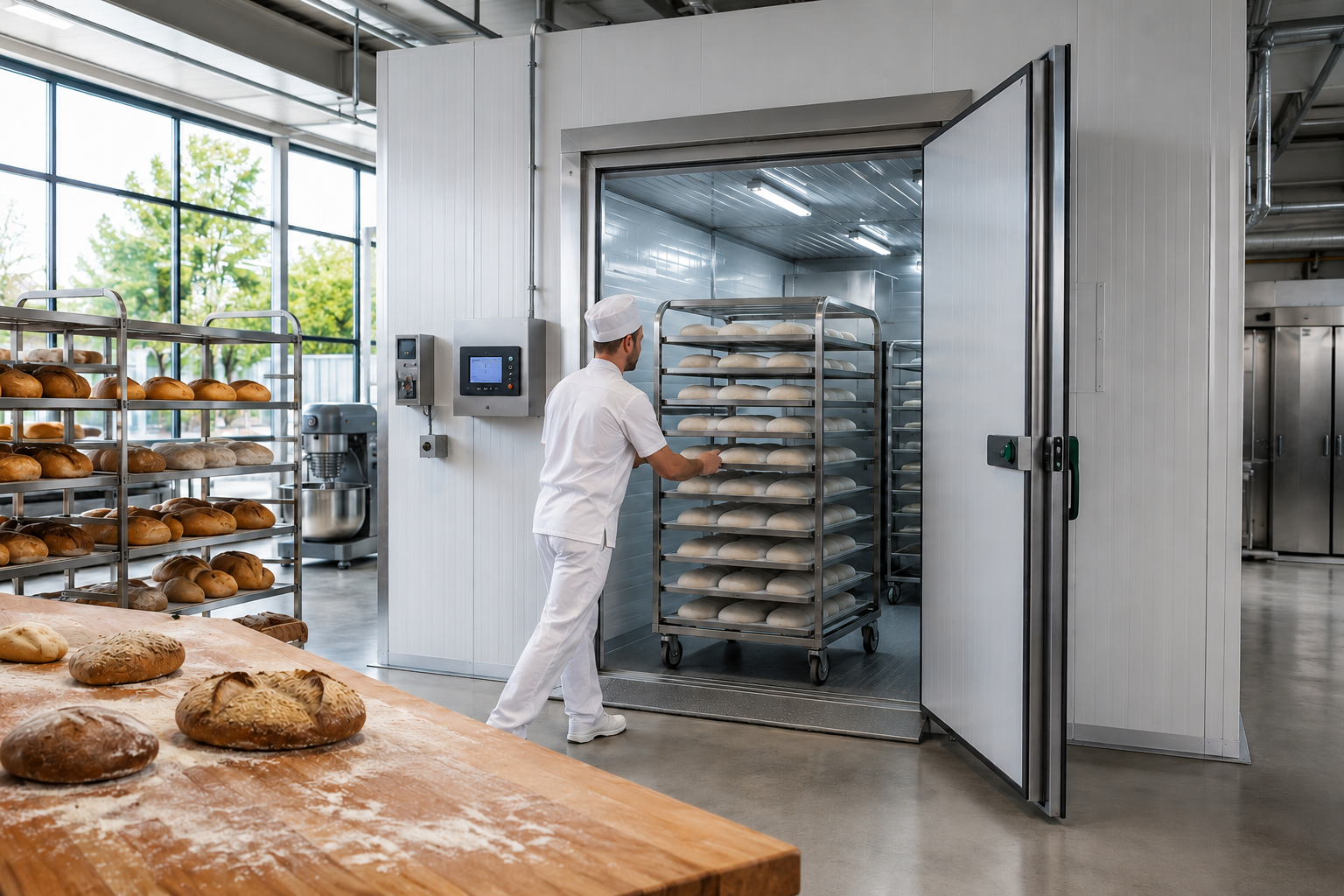 Obrador de panadería con cámara de fermentación y sistema de climatización industrial instalado por Grupo Quinfrio en Valladolid para garantizar la temperatura y humedad óptimas durante la elaboración del pan.