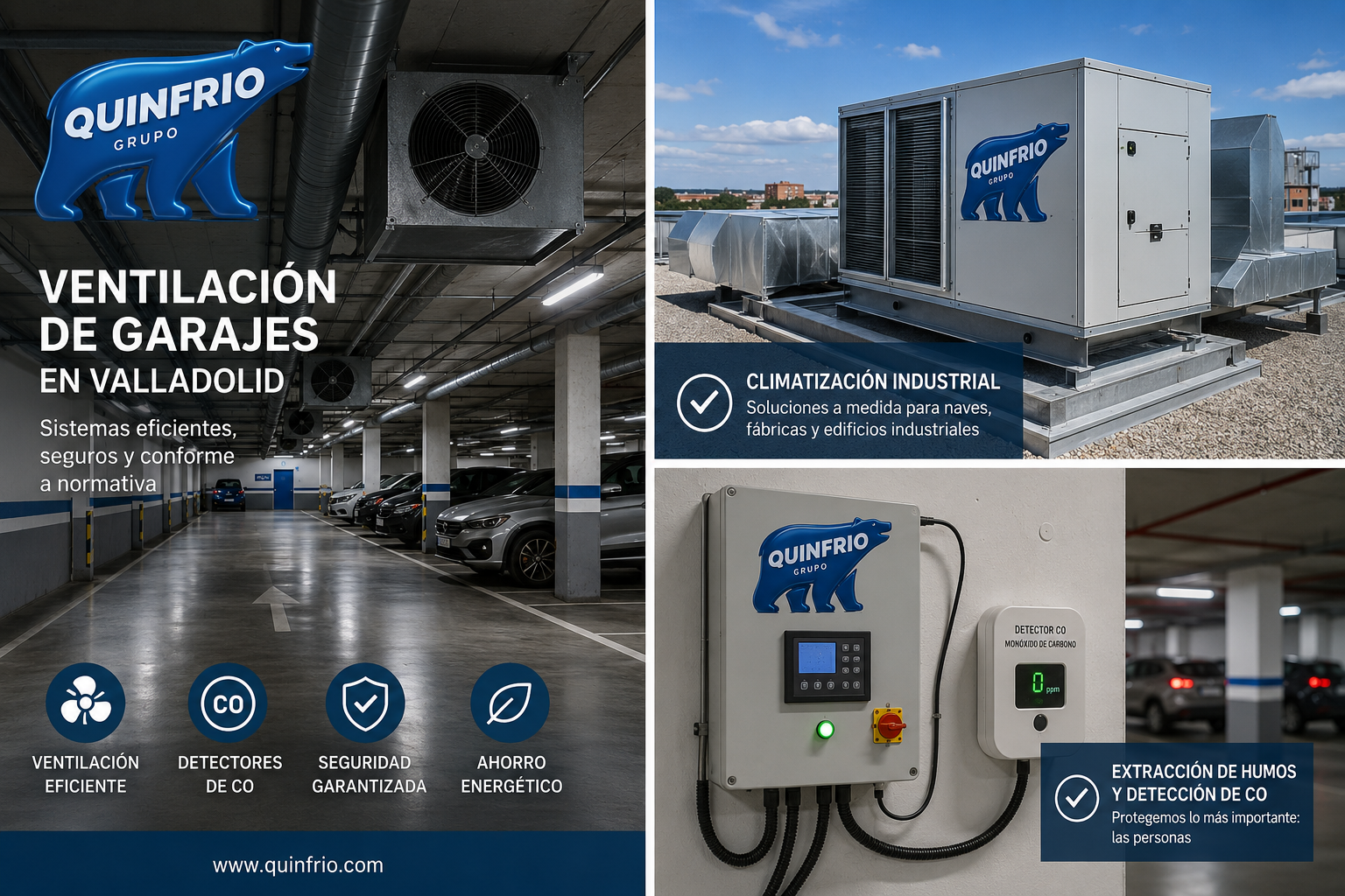 Sistema de ventilación de garajes en Valladolid con extracción de humos, detectores de CO y climatización industrial instalado por Grupo Quinfrio.