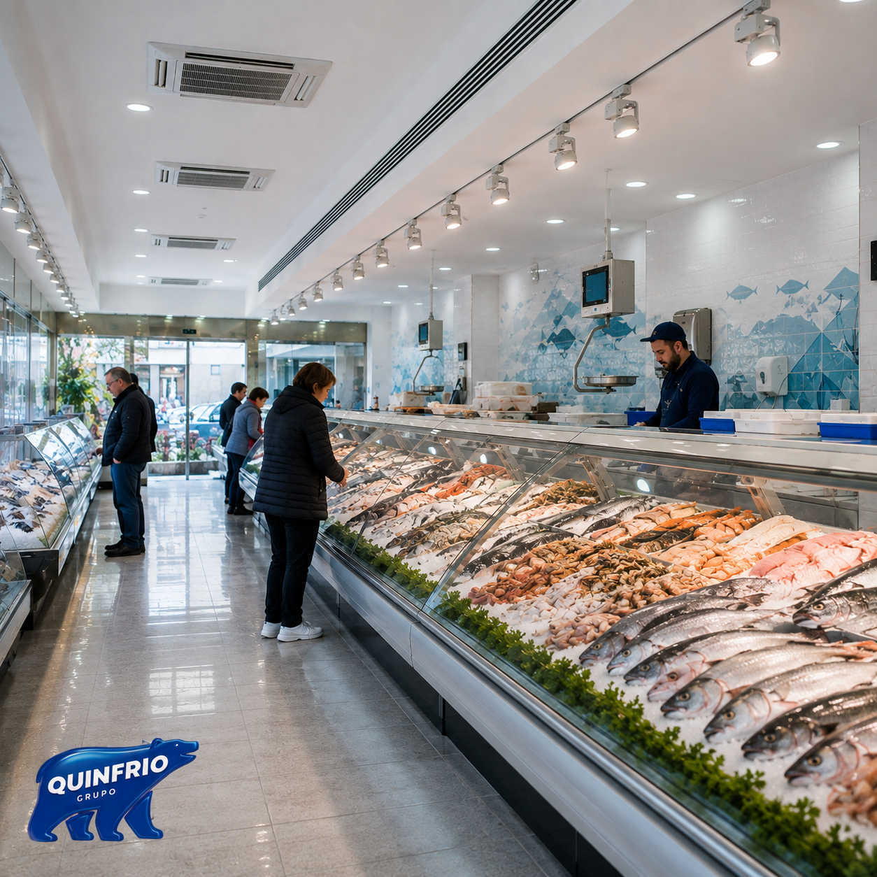Pescadería moderna con vitrinas refrigeradas y sistema de climatización industrial instalado por Grupo Quinfrío en Valladolid.