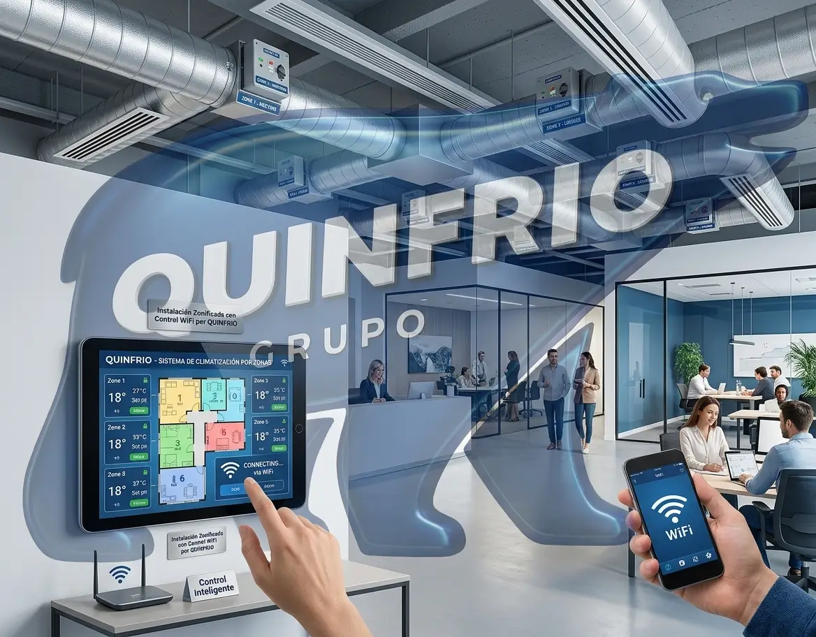 Instalación de aire acondicionado por conductos en oficina con control wifi zonificado por estancias mediante aplicación móvil de Quinfrio.