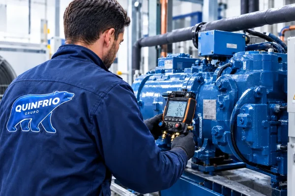 Técnico de QUINFRIO revisando un compresor industrial con manómetro digital en Valladolid