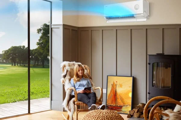 Persona disfrutando de climatización inteligente con aire acondicionado bomba de calor en una vivienda moderna de Valladolid