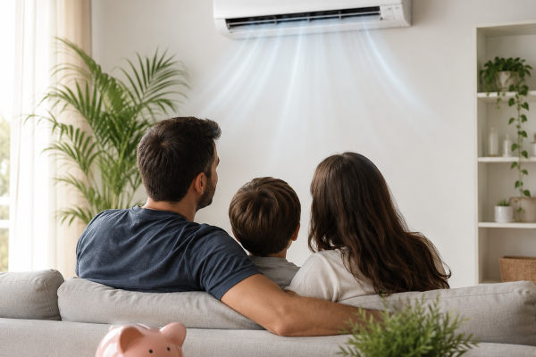 Familia en salón moderno con aire acondicionado eficiente instalado en vivienda de Valladolid