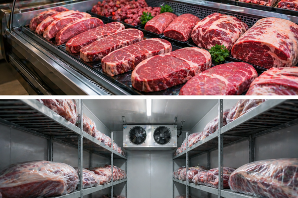 carnicería en Valladolid con carne fresca en cámara frigorífica y carnicero atendiendo en mostrador