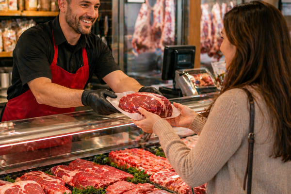 carnicero atendiendo a una clienta y entregando carne fresca en carnicería de Valladolid