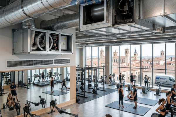 Sistema de climatización y ventilación industrial de Quinfrio Grupo en el techo de un gimnasio moderno en Valladolid con vistas a la ciudad y usuarios entrenando en la zona de fitness.