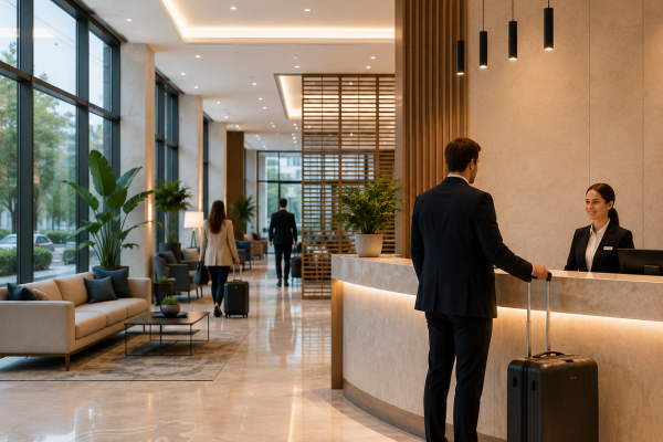 Recepción de hotel moderno con sistema de climatización VRF de alta eficiencia energética instalado por Grupo Quinfrio en Valladolid.