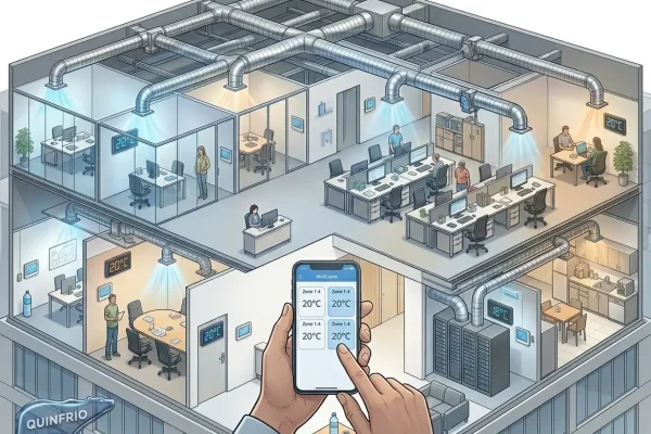 • Diagrama 3D de un sistema de climatización zonificada por conductos ocultos en falso techo con termostatos independientes por cada sala.