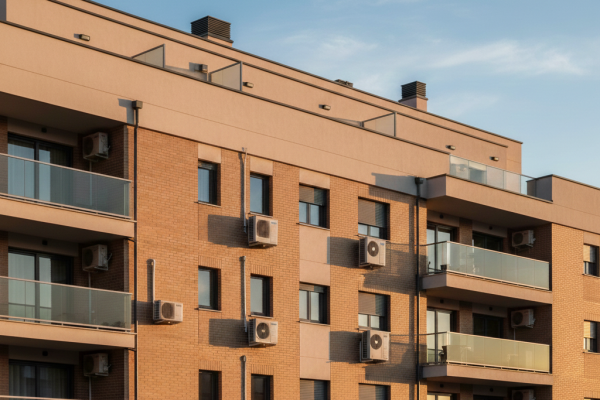 Fachada de edificio residencial en Valladolid con instalación profesional de aire acondicionado gestionada por Quinfrio.
