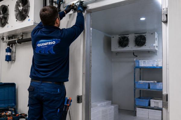 Técnico de Grupo Quinfrío instalando una cámara frigorífica para una pescadería en Valladolid.