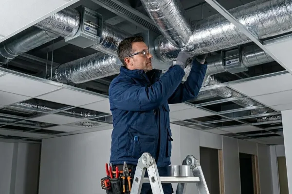 Técnico especialista montando conductos de ventilación aislados para climatización centralizada en el falso techo de un local comercial.