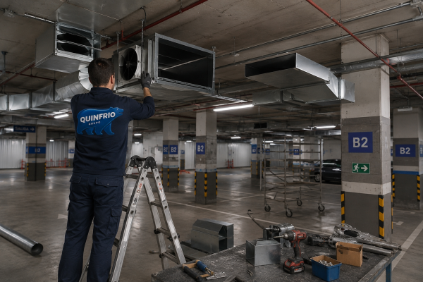 Instalación de un sistema de ventilación forzada para garajes en Valladolid con conductos de extracción parcialmente montados durante la ejecución de la obra por técnicos especializados de Quinfrío.