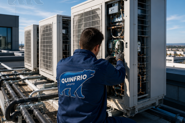 Técnico de Grupo Quinfrio realizando la instalación y mantenimiento de un sistema VRF de climatización industrial en la cubierta de un edificio comercial en Valladolid.