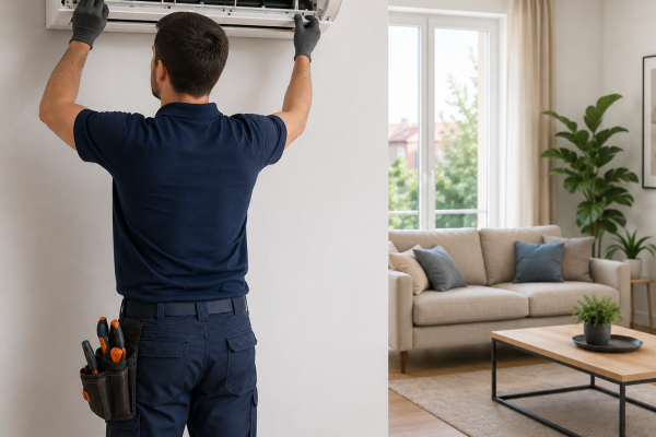 Técnico instalando aire acondicionado eficiente en una vivienda moderna de Valladolid