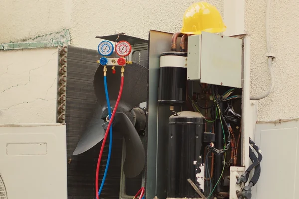 Condensador de un sistema de refrigeración industrial siendo limpiado para mejorar su rendimiento energético