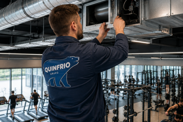 Técnico de Quinfrio Grupo de espaldas trabajando en la reparación de conductos metálicos de ventilación en el techo de un gimnasio moderno en Valladolid.