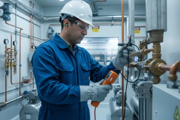 Técnico realizando mantenimiento y medición en instalación industrial en Valladolid