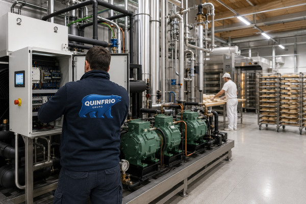 Técnico de Grupo Quinfrio realizando el mantenimiento de una instalación de refrigeración industrial en un obrador de panadería en Valladolid.
