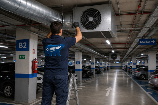 Técnico de Quinfrío instalando un sistema de ventilación forzada y extracción de humos en un aparcamiento subterráneo de Valladolid para garantizar la seguridad y el cumplimiento de la normativa.