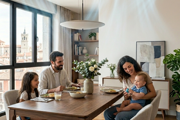 Una familia desayunando en un comedor moderno en Valladolid con vistas a la catedral. Superpuesto hay un gráfico con metadatos técnicos de un sistema de climatización invisible de Quinfrio Grupo, incluyendo datos técnicos del aire y el contexto de la ciudad.