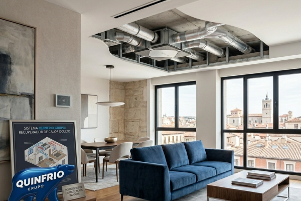 Sistema de ventilación con recuperador de calor oculto en el falso techo de un salón moderno premium en Valladolid, con el logo de Quinfrio Grupo.