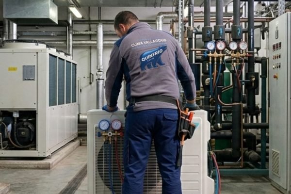 Técnico revisando fuga de líquido refrigerante en sistema de aire acondicionado en Valladolid.