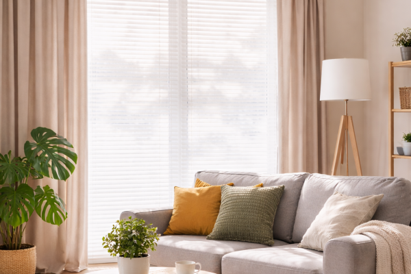 Salón moderno y luminoso con ambiente fresco a 25 grados, ideal para el ahorro energético y el confort en casa