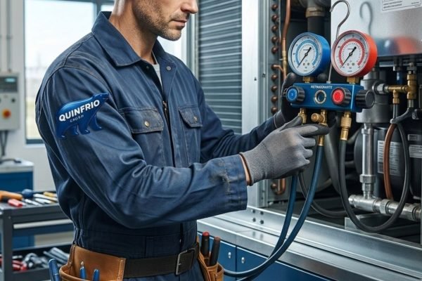 Técnico de Quinfrío revisando posible fuga de refrigerante en instalación de aire acondicionado en Valladolid