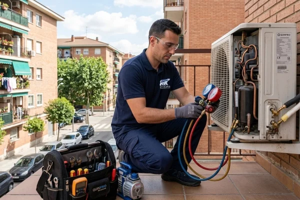 Técnico de climatización revisando unidad exterior de aire acondicionado en Valladolid